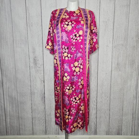 1960s Lane Bryant Vtg Psychedelic Bright Pink Floral Groovy Kaftan - Picture 1 of 8